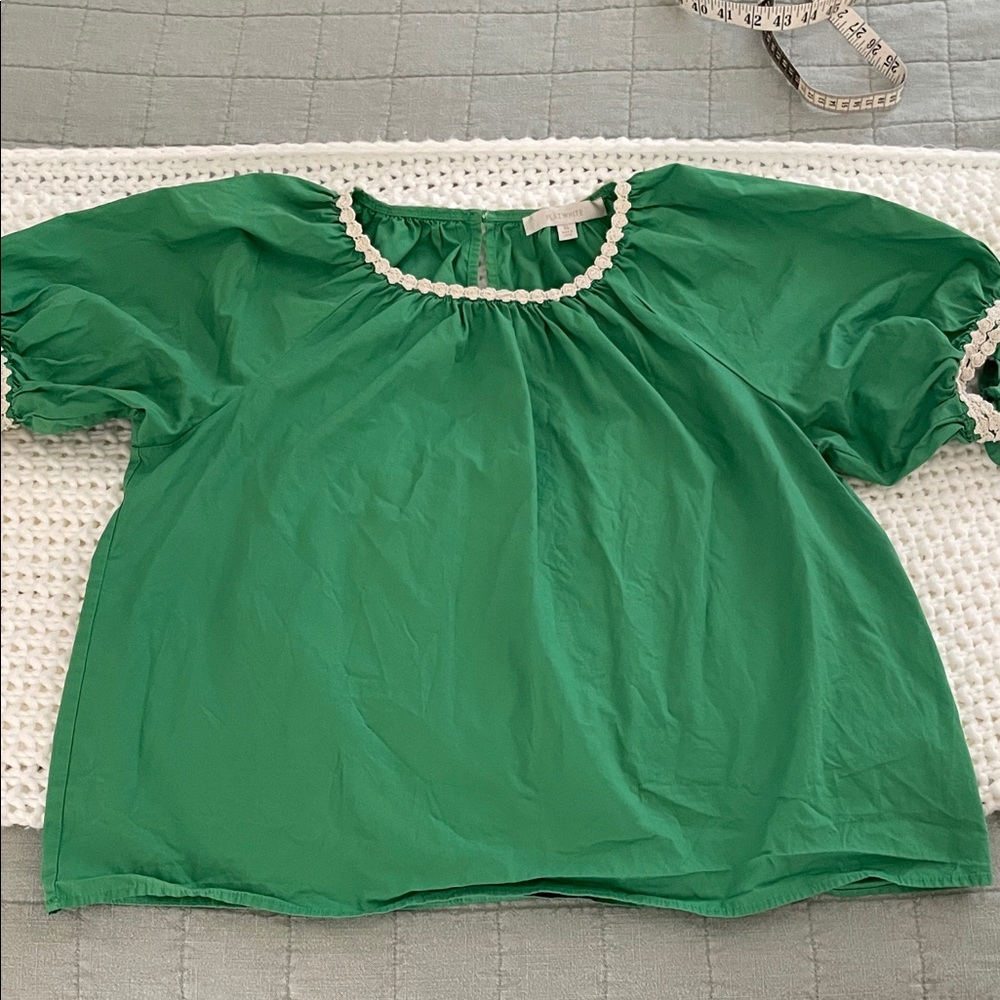 Flat White Green Puff Sleeve Blouse with Contrast Lace Trim